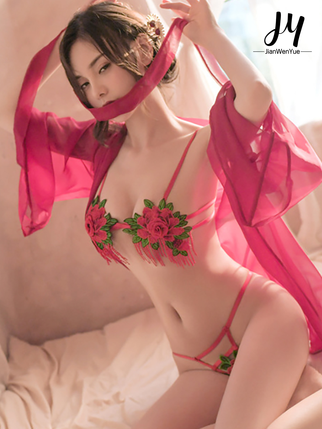 Sexy Antique Net Gauze Dancer Exotic Red Flower Three-Point Sexy Pajamas Suit