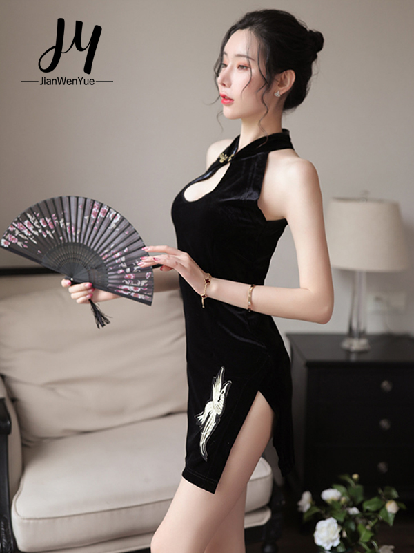 Oriental Temperament Cheongsam Embroidery Golden Crane Sexy Lingerie Bodysuit For Women